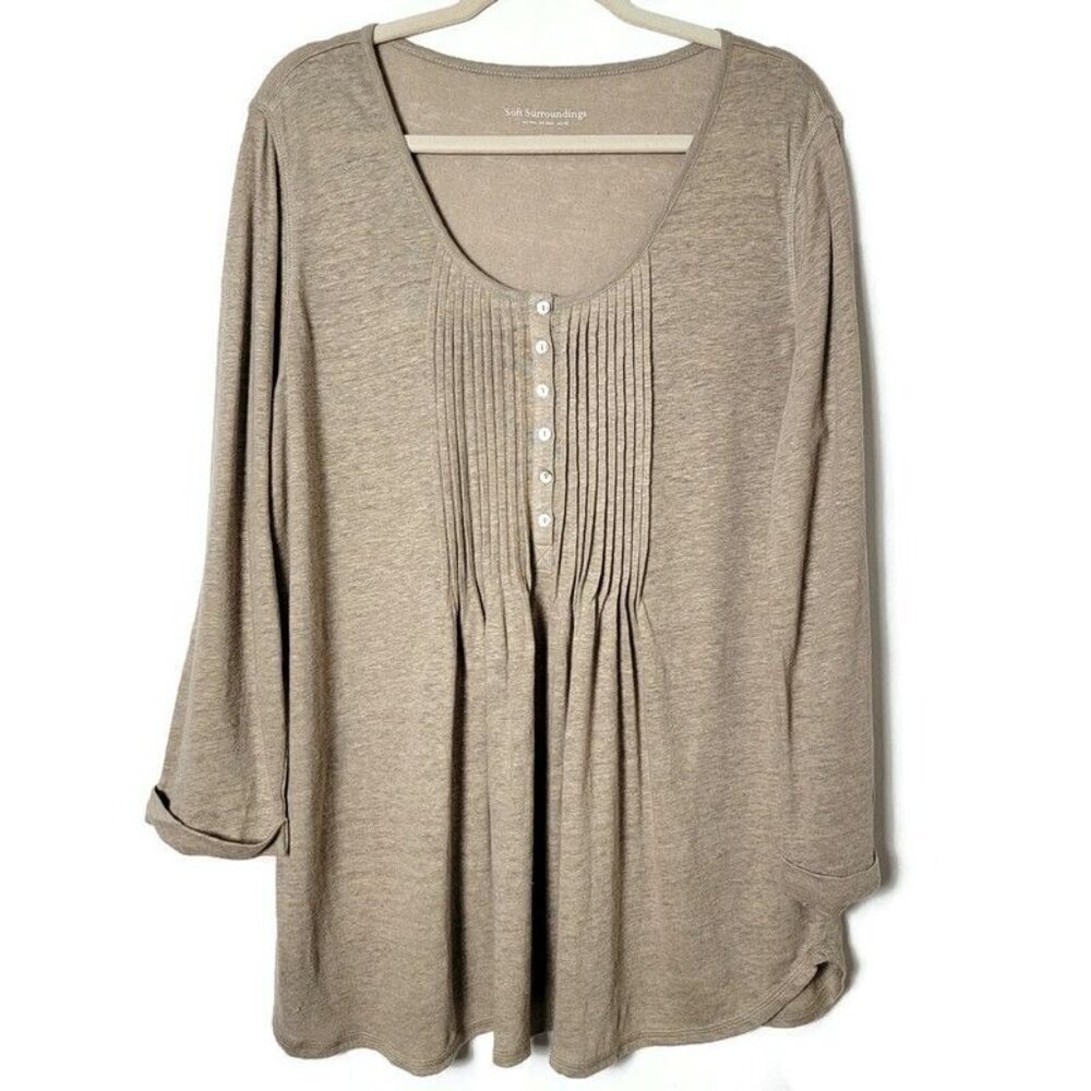 Soft Surroundings Beige Linen Boho Beachy Pleated Long Sleeve Blouse Top L